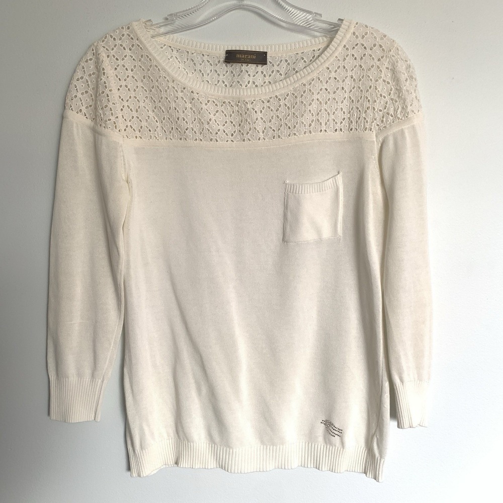 Marani Knit Top Small White BlouseEyelet Lace Office Cottagecore Neutral